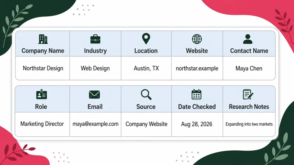Example of a B2B prospect record with company details, contact information, source, and research notes