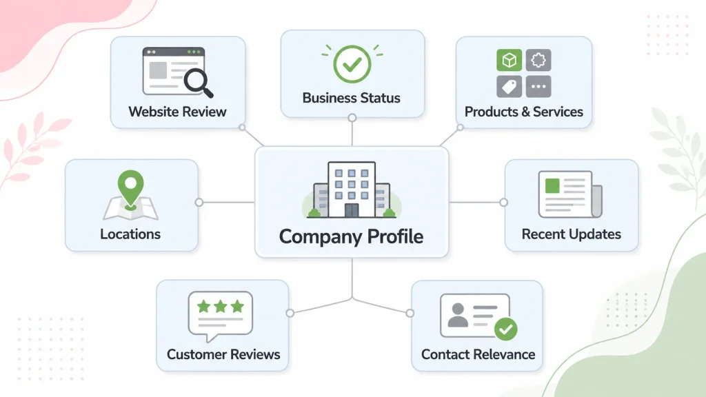 Diagram showing the company information to review before moving a B2B prospect into outreach