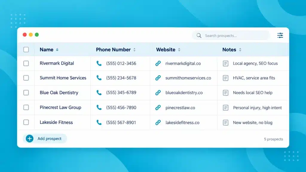 Prospect list for cold calling organized by business name, phone number, website, and notes