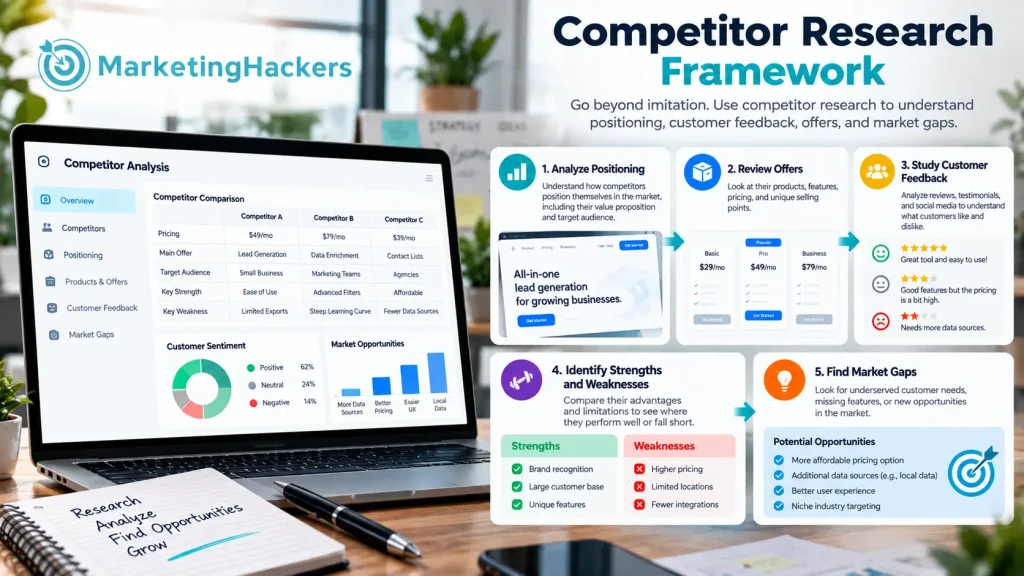 Competitor research framework showing positioning customer feedback offers and market gaps