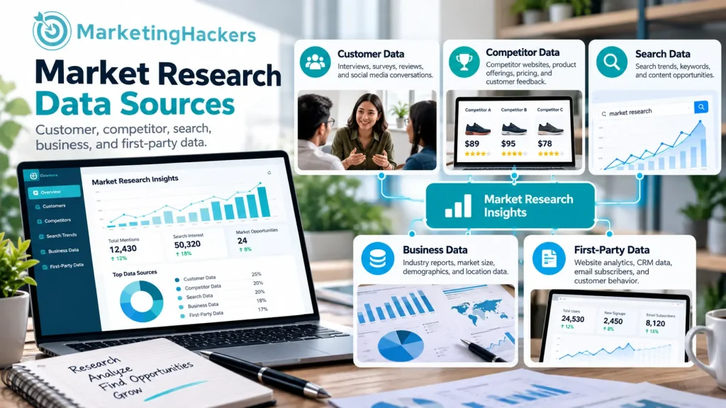 Market research data sources including customer competitor search and business data