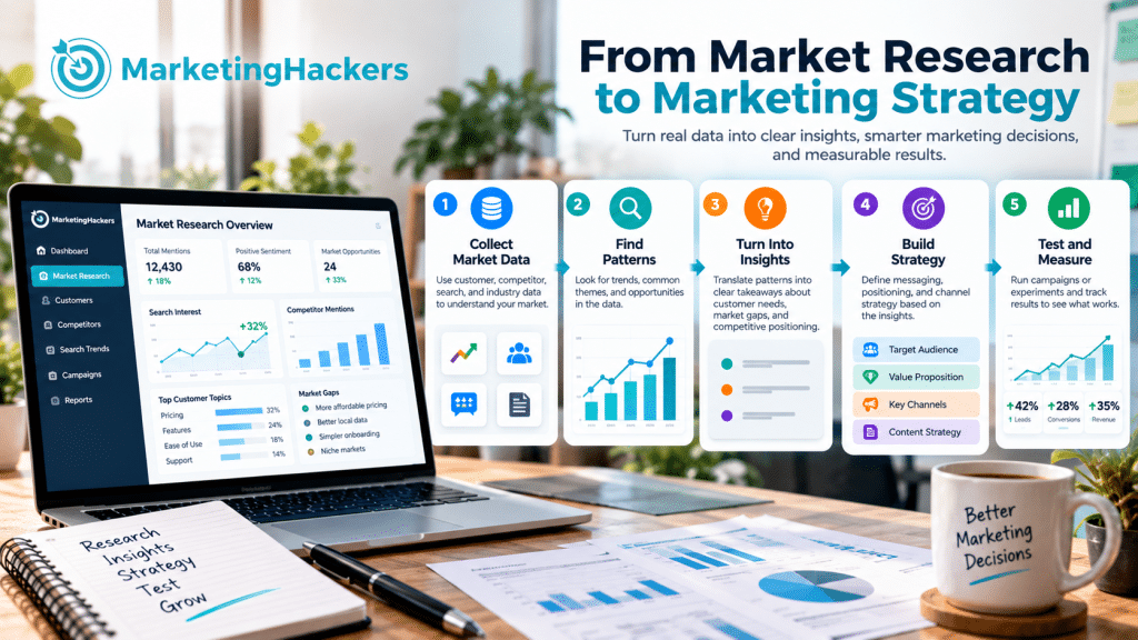 Market research process from customer data to marketing strategy and testing