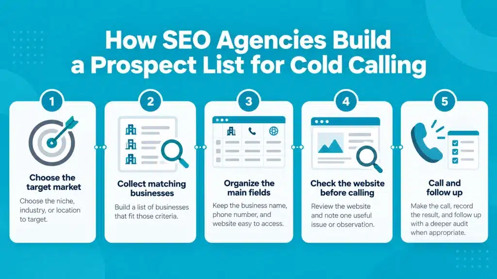 Infographic showing the five-step workflow for building a prospect list for cold calling